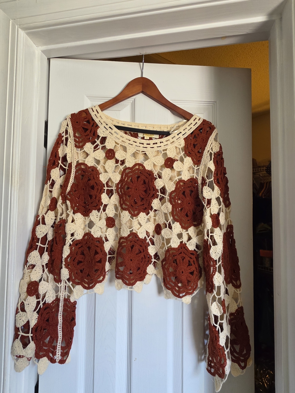 Rebellion Crochet Floral Open-Knit Sweater in Cream and Rust